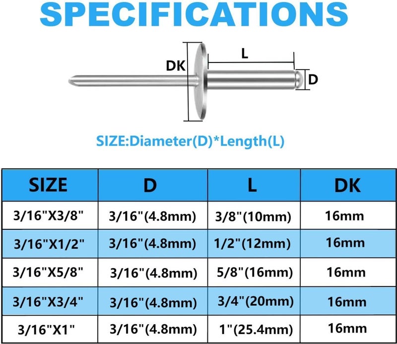 LAZIRO Large Flange Pop Rivets 3/16" Aluminum Body Steel Mandrel Large Dome Head 6-8 Gap .Large Self-Plugging Open End Decorating Fastener Nails Pop Rivets (Silver) (3/16"X5/8") - Image 2